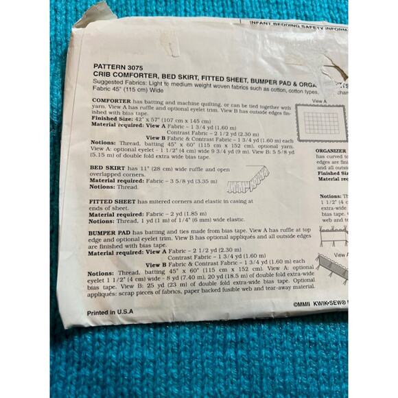Kwik Sew 3075 baby quilt Nursery bed skirt bumpers pattern - Picture 3 of 4